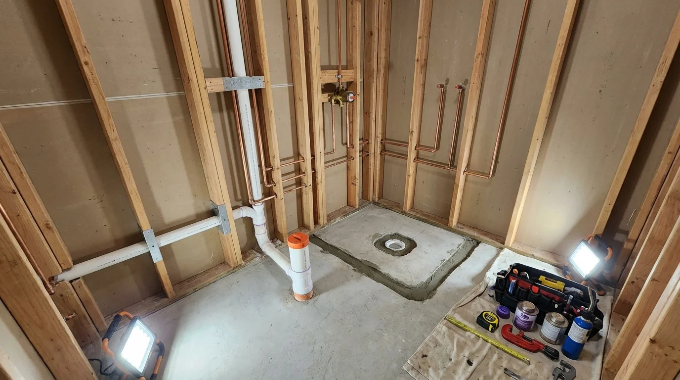 Bathroom rough-in plumbing during remodel by Johns Plumbing LLC in Fort Plain