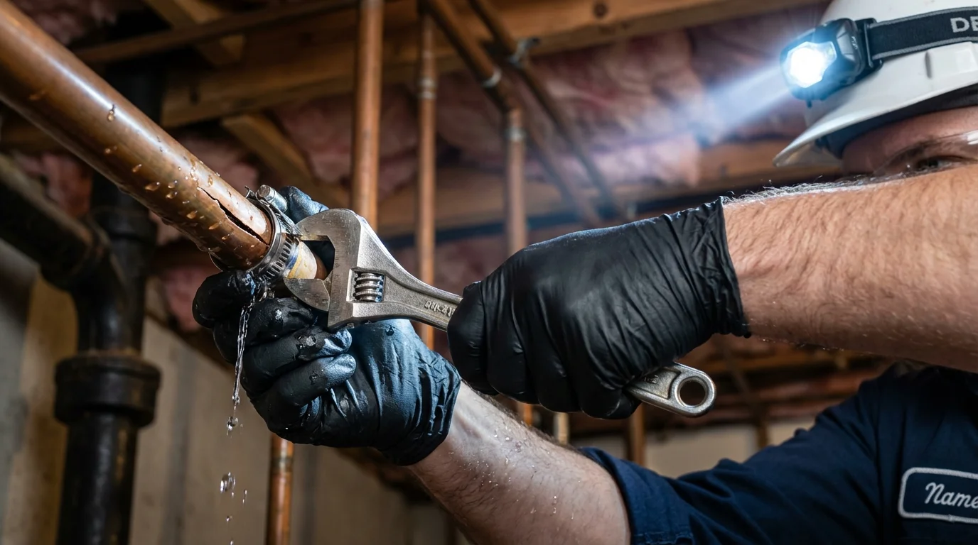 Emergency pipe clamp repair being performed by a Johns Plumbing LLC plumber in Fort Plain