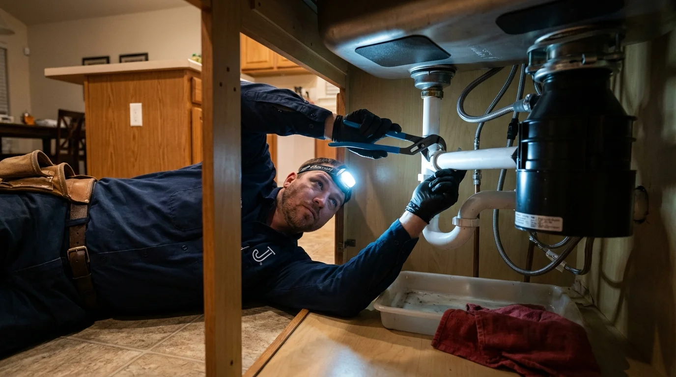 P-trap and supply line connections under a kitchen sink showing a common leak point in Fort Plain, NY